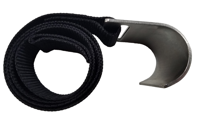 Replacement lower strap for winch track side of trailer, or where a larger hook is needed. Black strap with stainless steel hook.
